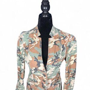 Free People Camo Print Fitted Jacket Size S Tailored Military Waist-Cinch Y2K